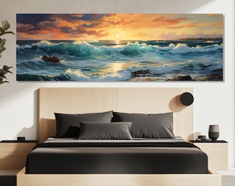 Impressão em tela de pôr do sol no oceano – Arte de parede com paisagem marinha – Pintura de ondas costeiras – Pôster do oceano – Decoração de quarto com oceano tranquilo – Arte de pôr do sol no oceano