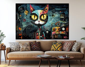 Cyberpunk Cat Canvas Print – Futuristic Abstract Cat Wall Art – Vibrant Tech-Inspired Poster – Modern Gift for Cat Lovers and Artists