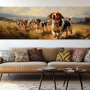 Beagle Dogs Canvas Print – Running Beagles Wall Art – Hunting Dogs Painting – Happy Beagle Poster – Nature Pet Room Decor – Beagle Hunting