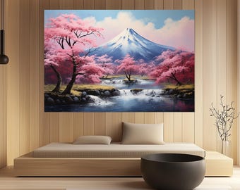 Mount Fuji Wall Art – Cherry Blossom Landscape Canvas Print – Japanese Nature Painting – Gift for Zen Lovers – Sakura Season Poster