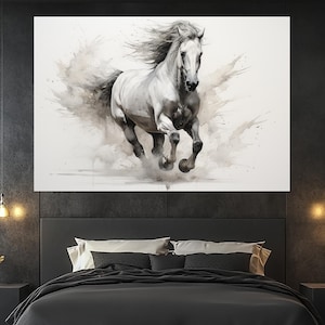 Wild White Horse Watercolor Canvas Print - Running Stallion Wall Art - Horse Lover Gift - Equestrian Home Decor - Modern Animal Painting