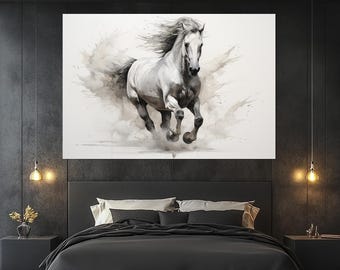 Wild White Horse Watercolor Canvas Print - Running Stallion Wall Art - Horse Lover Gift - Equestrian Home Decor - Modern Animal Painting