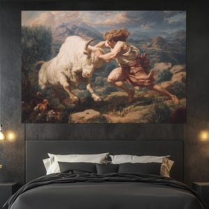 Heracles and the Cretan Bull Canvas Print – Greek Mythology Wall Art – Hercules Labor Painting – Mythic Hero Poster – Ancient Wall Decor