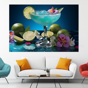 Tropical Margarita Canvas Print – Blue Margarita Wall Art – Tropical Cocktail Poster – Vibrant Bar Decor – Colorful Summer Cocktail Painting