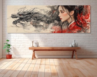 Frau mit Drache Leinwanddruck, Leinwand Wandkunst, Asiatische Kunst Dekor, Wohnzimmer Dekor, Leinwand fertig zum Aufhängen, Frau mit Drache Poster.