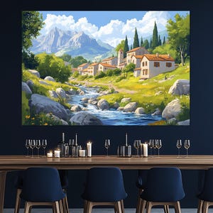 Alpine Village Canvas Print, Swiss Landscape Wall Art, Alpine Village Painting, Bedroom Decor, Alpine Mountain View, Switzerland Poster