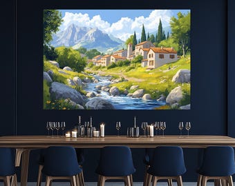 Alpine Village Canvas Print, Swiss Landscape Wall Art, Alpine Village Painting, Bedroom Decor, Alpine Mountain View, Switzerland Poster