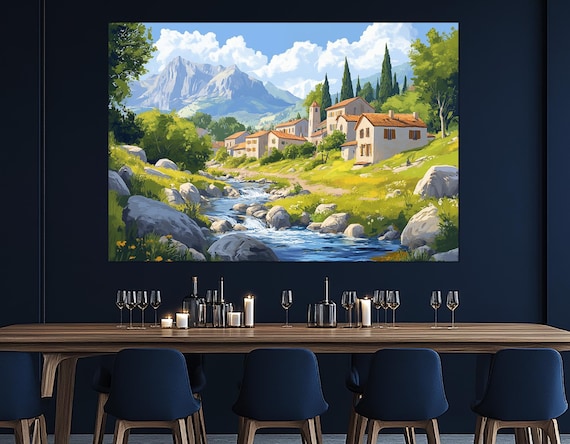 アルプスの村のキャンバスプリント、スイスの風景の壁アート、アルプス