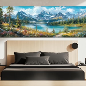 Glacier National Park Canvas Print – Wildflower Lake View Wall Art – Snowy Mountain Poster – Montana Nature Decor – Scenic Glacier Painting