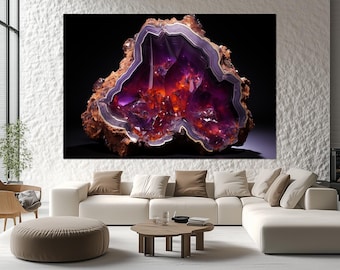 Amethyst Canvas Print – Amethyst Wall Art – Purple and Orange Crystal Poster – Gemstone Slice Print – Natural Mineral Decor – Geode Painting