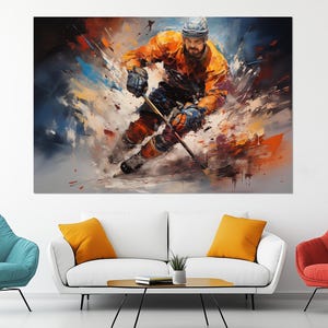 Dynamic Hockey Player Canvas Print – Action Sports Wall Art – Vibrant Hockey Painting – Energetic Athlete Decor – Modern Ice Hockey Poster