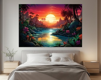 Tropical Sunset Canvas Print – Jungle River Wall Art – Vibrant Nature Landscape Poster – Exotic Paradise Decor – Colorful Tropical Print