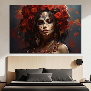 Day of the Dead Canvas Print – Dia de los Muertos Wall Art – Mexican Skull Poster – Floral Calavera Painting – Elegant Sugar Skull Decor