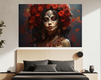 Day of the Dead Canvas Print – Dia de los Muertos Wall Art – Mexican Skull Poster – Floral Calavera Painting – Elegant Sugar Skull Decor