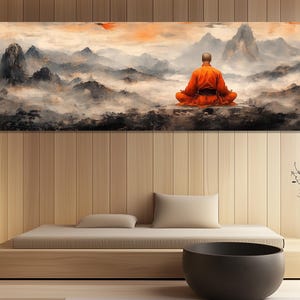 Stampa su tela di un monaco zen – Arte murale di un monaco in meditazione – Poster di serenità montana – Decorazione asiatica spirituale – Dipinto di buddismo tranquillo