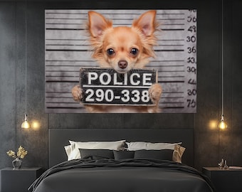 Impresión en lienzo de foto policial de chihuahua – Póster divertido de perro policía – Arte mural de chihuahua – Decoración humorística de chihuahua – Regalo para amantes de los perros – Retrato de mascota