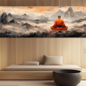 Zen Monk Canvas Print – Meditating Monk Wall Art – Mountain Serenity Poster – Spiritual Asian Decor – Tranquil Buddhism Painting