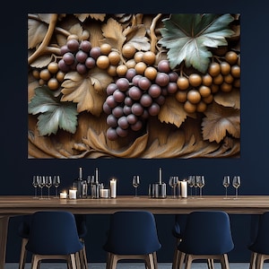 Grape Wood Carving Canvas Print – Rustic Fruit Wall Decor – Grape Cluster Relief – Vineyard Kitchen Art – Wine Cellar Wall Decor.