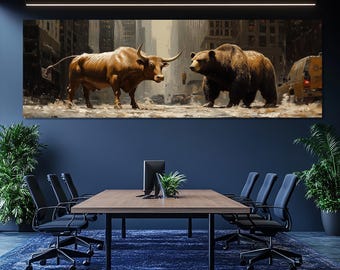 Wall Street Bull & Bear wydruk na płótnie – sztuka rynku finansowego – plakat giełdowy – obraz z symbolem Wall Street – dekoracja biura maklera