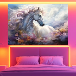 Dreamy White Horse Canvas Print – Elegant Equine Wall Art – White Horse Painting – Whimsical Horse Decor – Gift for Horse Lovers