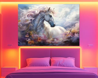 Dreamy White Horse Canvas Print – Elegant Equine Wall Art – White Horse Painting – Whimsical Horse Decor – Gift for Horse Lovers