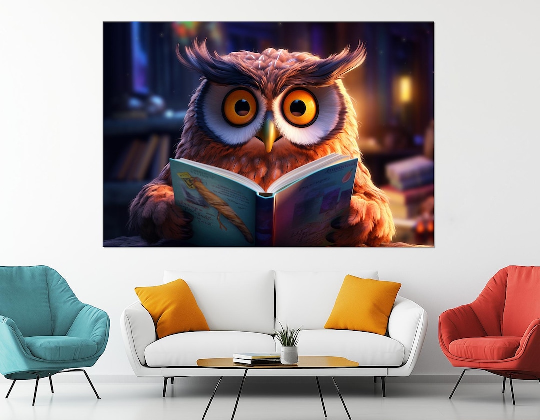 Cute Owl Reading Book Canvas Print – Whimsical Animal Wall Art – Kids ...