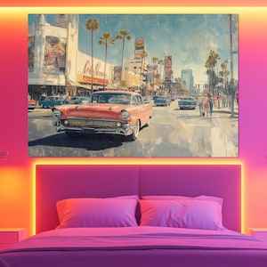 Retro Los Angeles Canvas Print – Vintage Hollywood Wall Art – Los Angeles Painting – Los Angeles Street Poster – 1960s LA City Decor