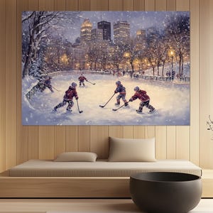 Kinderen spelen hockey in Montreal Canvasprint, cadeau hockeyfan, poster Montreal Streets, Montreal Wall Art, Montreal Painting, Montreal View
