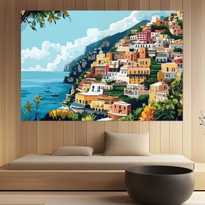 Amalfi Coast Canvas Print – Amalfi Coast Wall Art – Positano Poster – Vibrant Seaside Painting – Mediterranean Wall Decor – Italian Seaside