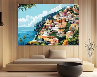 Amalfi Coast Canvas Print – Amalfi Coast Wall Art – Positano Poster – Vibrant Seaside Painting – Mediterranean Wall Decor – Italian Seaside