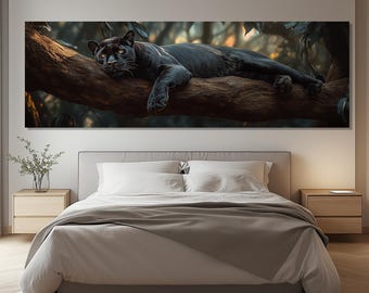Black Panther Canvas Print – Jungle Panther Wall Art – Relaxed Panther Poster – Exotic Wildlife Wall Decor – Mystical Jungle Painting