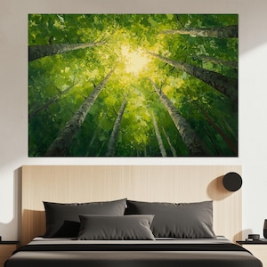 Impressão em tela da copa das árvores da floresta – Arte de parede com árvores da floresta – Pintura da natureza da floresta – Obra de arte da floresta verde