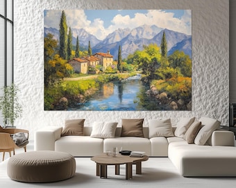 Alpine Landscape Canvas Print, Swiss Village Wall Art, Alpine Village Poster, Bedroom Decor, Alpine Mountain View, Switzerland Painting