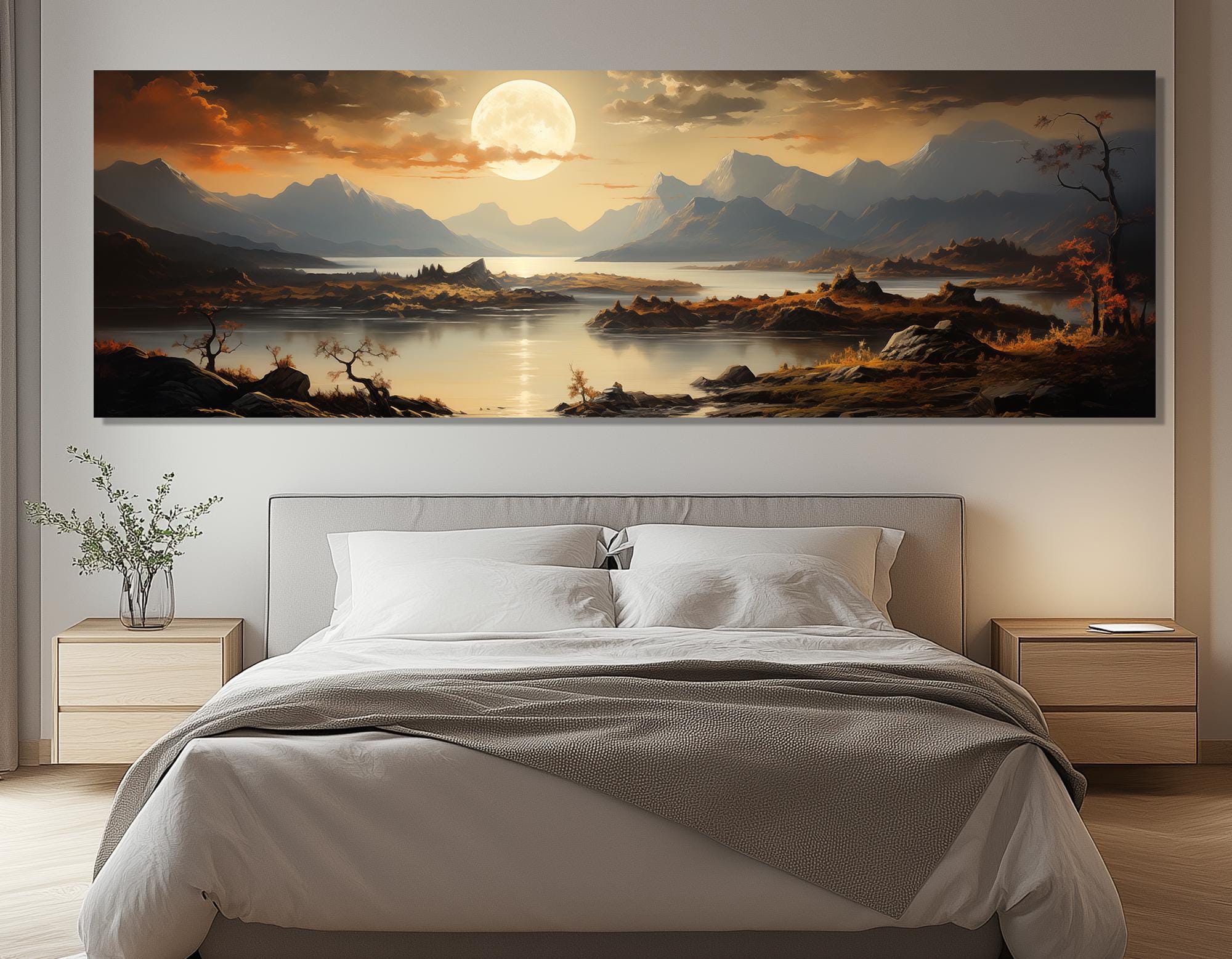 Moonlit Mountain Lake Canvas Print – Fantasy Night Landscape Wall Art ...