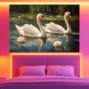 Swan Couple Canvas Print – Romantic Swans Wall Art – White Swan Poster – Elegant Nature Wall Decor – Swan Love Painting