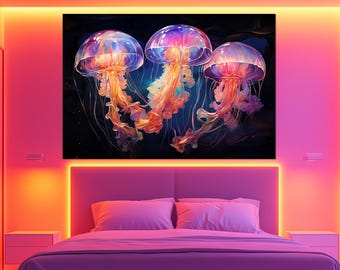 Glow Jellyfish Canvas Print – Luminous Ocean Wall Art – Jellyfish Painting – Deep Sea Poster – Vibrant Marine Life Decor – Jellyfish Artwork