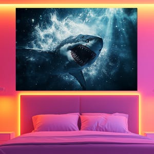 Great White Shark Canvas Print – Great White Shark Wall Art – Dark Marine Life Painting –  Great White Shark Poster – Shark Teeth Wall Decor