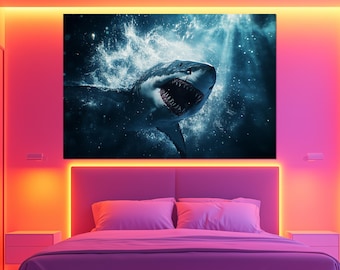 Great White Shark Canvas Print – Great White Shark Wall Art – Dark Marine Life Painting –  Great White Shark Poster – Shark Teeth Wall Decor
