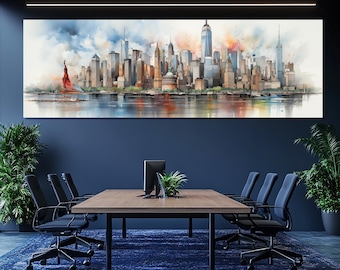 New York City Skyline Canvas Print – New York Wall Art – Manhattan Cityscape Poster – NYC Statue of Liberty Painting – Urban Home Decor
