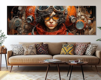 Steampunk Mechanic Canvas Print – Industrial Fantasy Wall Art – Female Engineer Poster – Futuristic Woman Painting – Sci-Fi Wall Decor