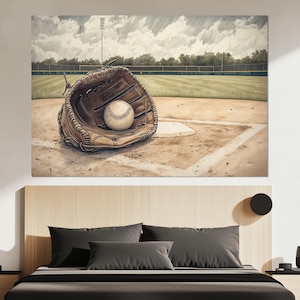 Baseball Canvas Print – Sports Wall Art – Glove and Ball Poster – Vintage Baseball Field Painting – Baseball Wall Decor – Baseball Fan Gift