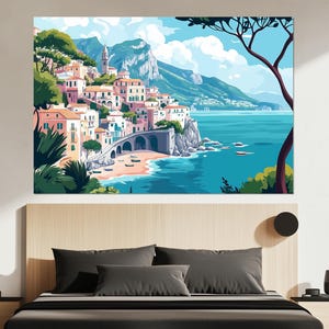 Italian Coast Canvas Print – Amalfi Wall Art – Italian Seaside Town Painting – Italian Coastal View Wall Decor – Amalfi Poster