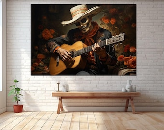 Canvasafdruk Dag van de Doden, man met gitaar canvaskunst, canvas verfkunst, dag van de dode kunst, digitale kunst, canvasafdruk klaar om op te hangen