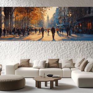 Barcelona Street Scene Canvas Print – European Cityscape Wall Art – Autumn Urban Painting – Barcelona Historic Architecture Poster