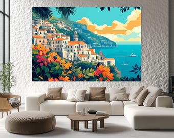 Amalfiküste Kunstdruck auf Leinwand – Italienische Küstenstadt Wandbild – Amalfiküste Poster – Bunte Küstenstadt Dekoration