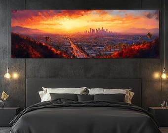 Impresión en lienzo del atardecer en Los Ángeles, arte mural de Los Ángeles, póster de Los Ángeles, pintura del horizonte de Los Ángeles, arte del paisaje urbano de Los Ángeles