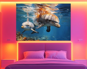 Dolphins Canvas Print – Underwater Wall Art – Ocean Wildlife Poster – Baby Dolphin Painting – Marine Room Decor – Dolphins Lover Gift