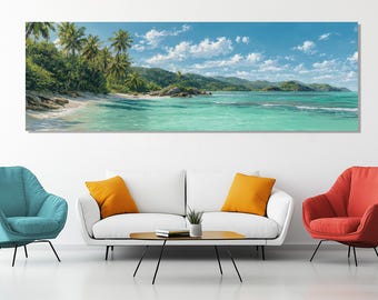 May include: Panoramic canvas art print of a tropical beach scene. The artwork depicts a turquoise ocean, white sand, palm trees, and a blue sky with fluffy clouds. The landscape painting is displayed above a white sofa and colorful chairs.