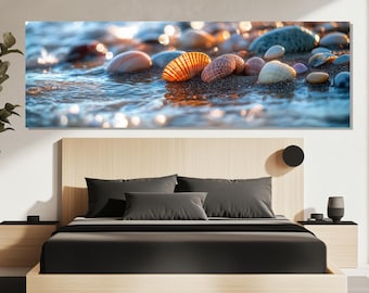 Seashell Beach Canvas Print – Colorful Seashell Wall Art – Coastal Shell Poster – Ocean Beach Wall Decor – Seaside Shells Painting