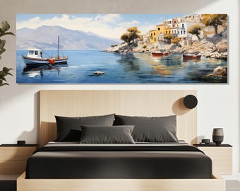 Fishing Village Canvas Print - Greek Coast Poster - Seaside Village Wall Art - Coastal Boat Painting - Gift for Traveler or Beach Lover